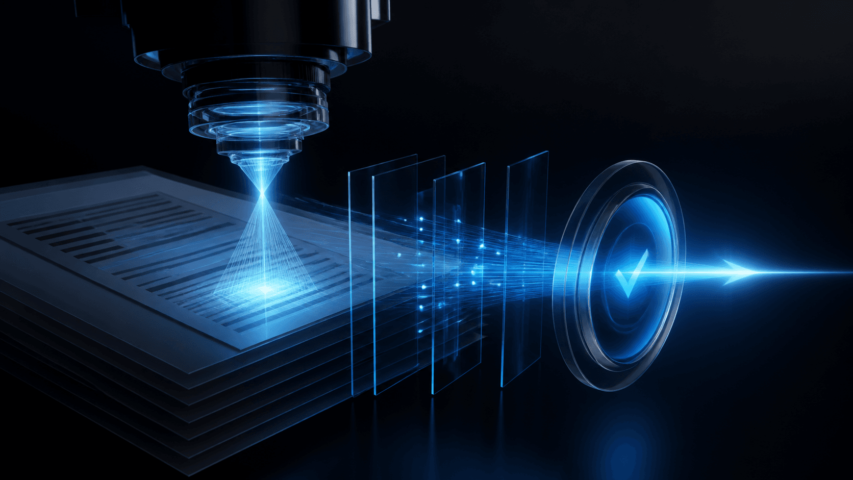 An abstract precision lens scanning a page into a clear answer signal