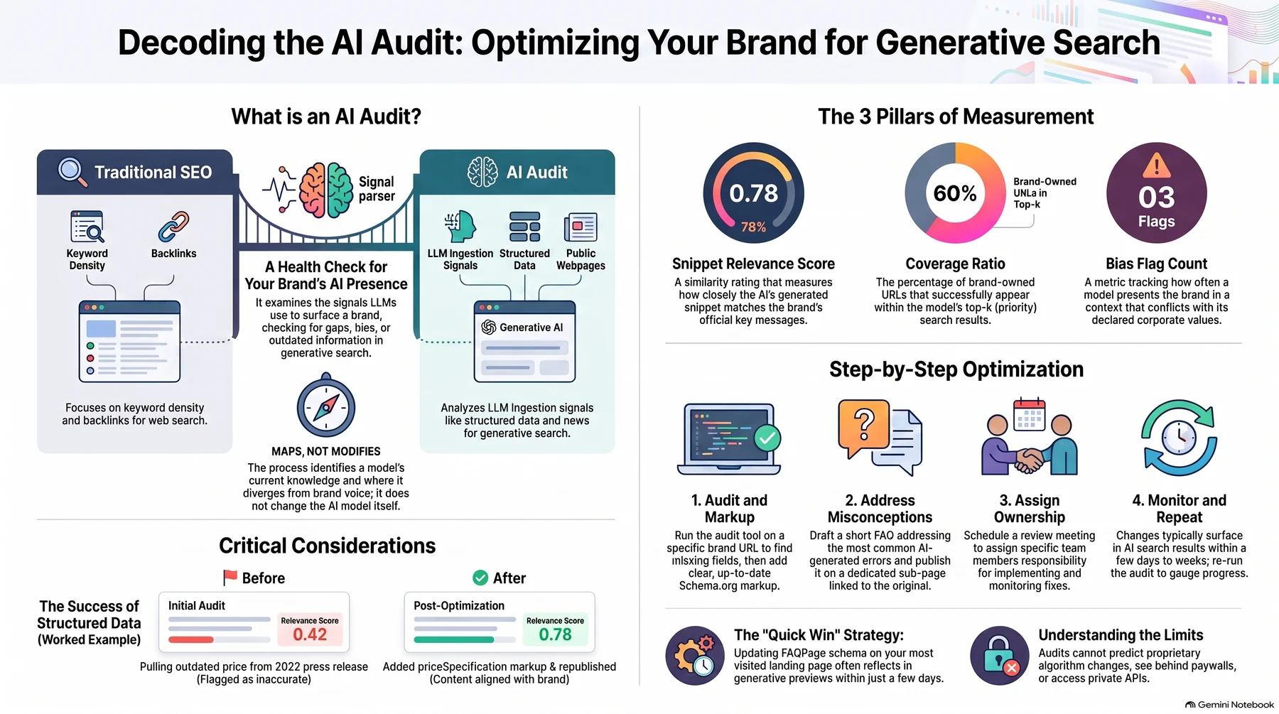 A diagram comparing traditional SEO with an AI audit. On the left, traditional SEO reads keyword density and backlinks from a web page; a bridge labelled signal parser leads to the AI audit, which reads LLM ingestion signals, structured data and public web pages, and maps a model's current knowledge rather than modifying the model. On the right, three measures: a snippet relevance score of 0.78, a coverage ratio of 60 per cent of brand-owned URLs in the model's top-k results, and a count of three bias flags. Below them a four-step loop — audit and mark up, address misconceptions, assign ownership, monitor and repeat — and a worked example in which adding priceSpecification markup lifts a relevance score from 0.42 to 0.78.